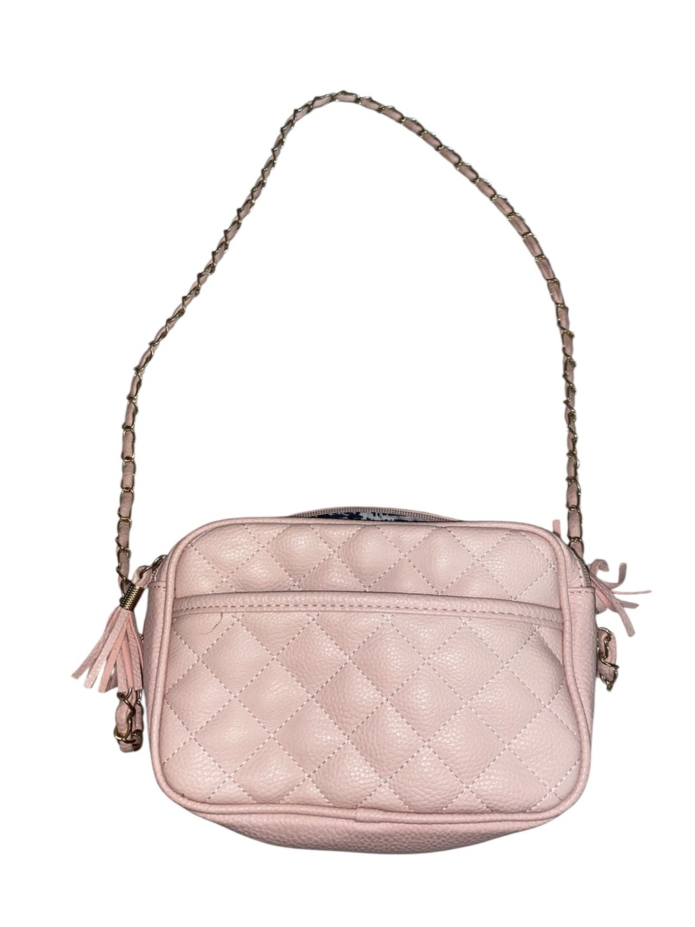 pink quilted faux-leather camera-style crossbody bag.  NEW